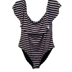 Boohoo maternity swimsuit size 18 navy blue white stripe ruffle flounce shoulder
